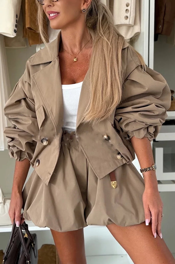 Mode Knopf Laterne Ärmel Tasche Revers Casual Jacke + Hose Set