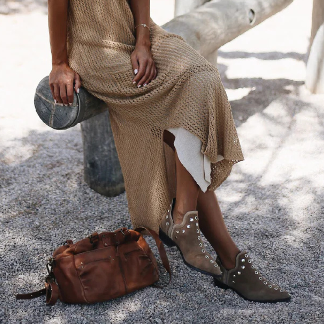 Damen Stiefeletten aus Wildleder/Leder – Boho Chic Style mit Nieten | Bequem und vielseitig