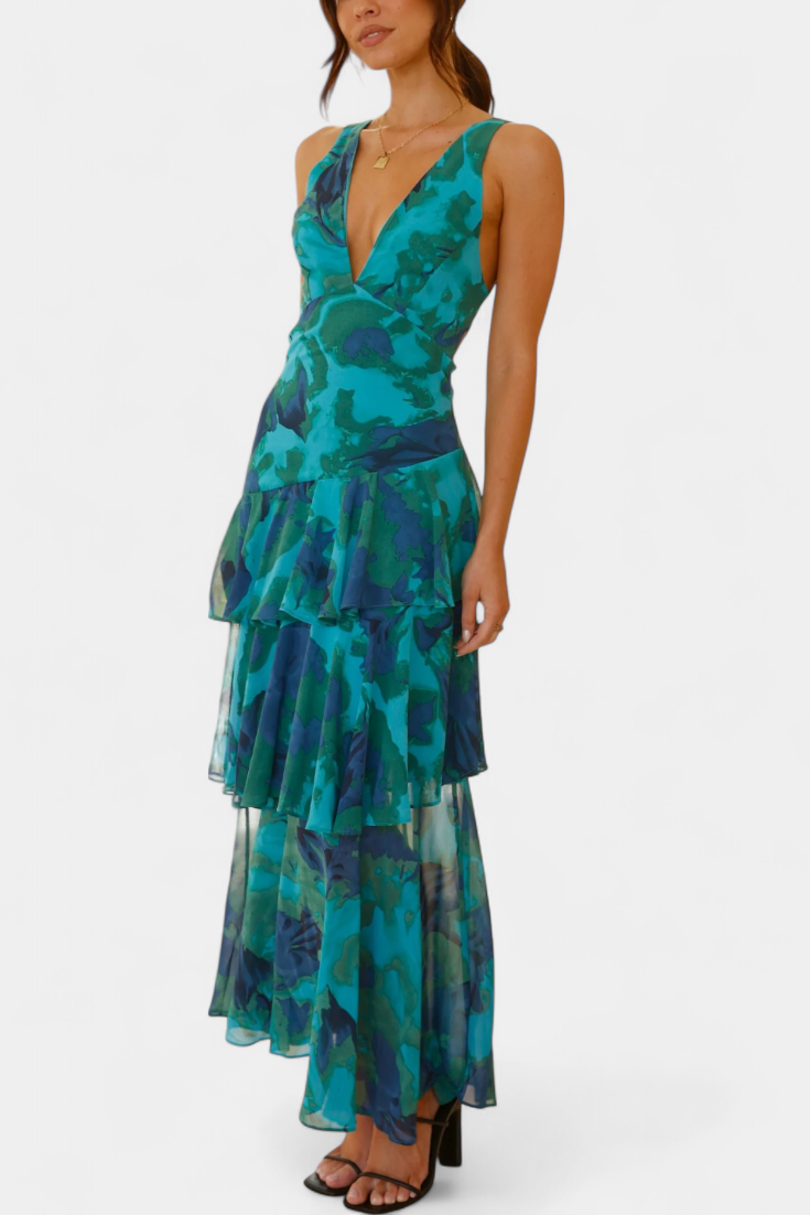 Domenica Chiffonkleid mit V-Ausschnitt und fließenden Lagen