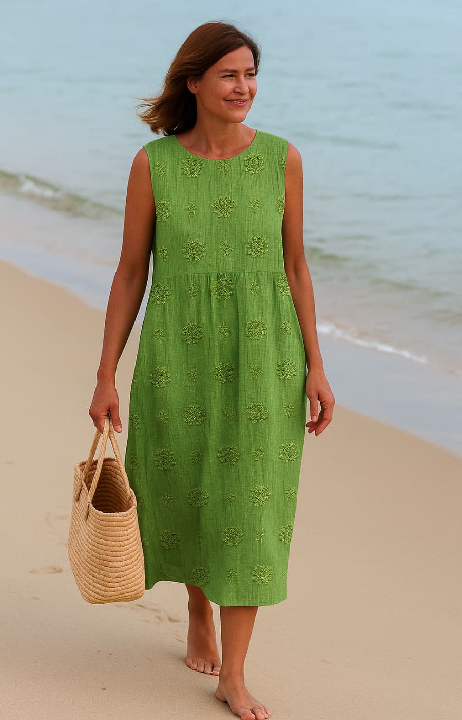 LINA | MIDIKLEID MIT TASCHEN UND NATÜRLICHER STICKEREI