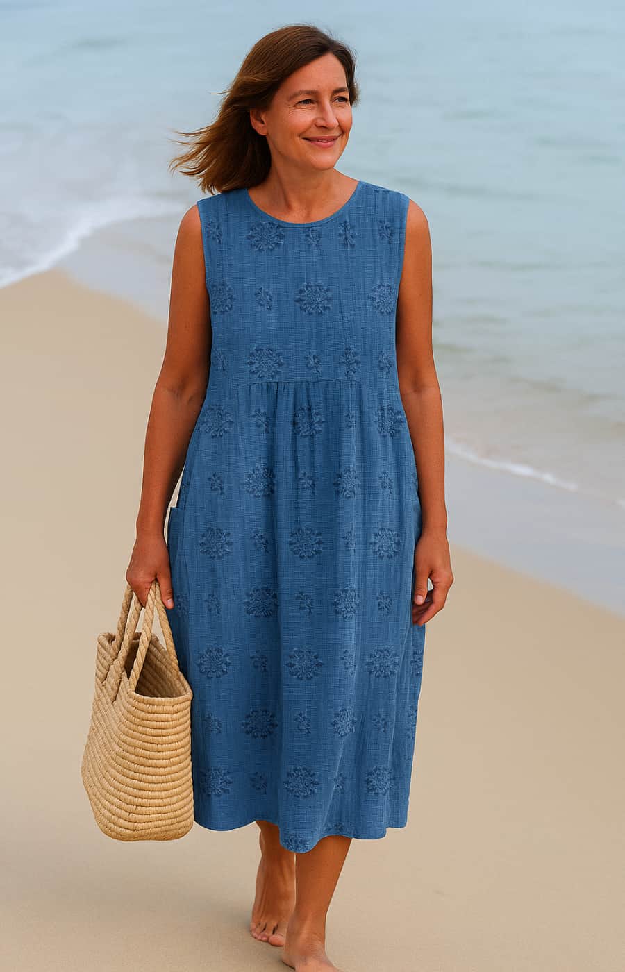 LINA | MIDIKLEID MIT TASCHEN UND NATÜRLICHER STICKEREI