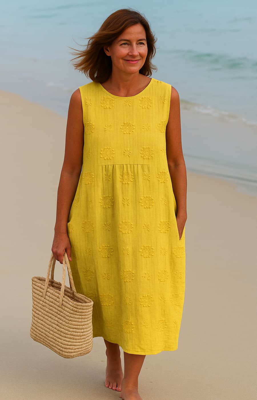 LINA | MIDIKLEID MIT TASCHEN UND NATÜRLICHER STICKEREI