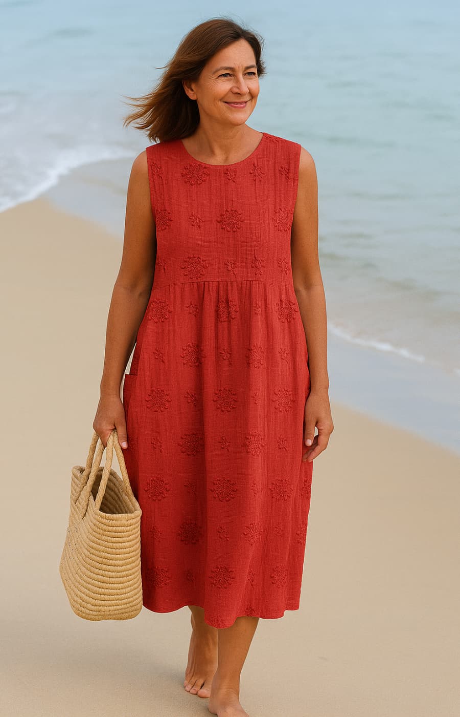 LINA | MIDIKLEID MIT TASCHEN UND NATÜRLICHER STICKEREI