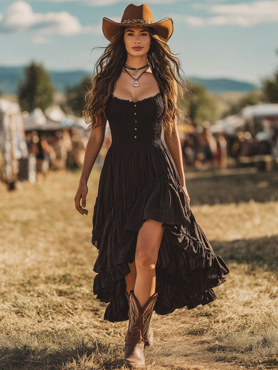 Dakota – Schwarzes ärmelloses Maxikleid mit Rüschen und Plissee-Details