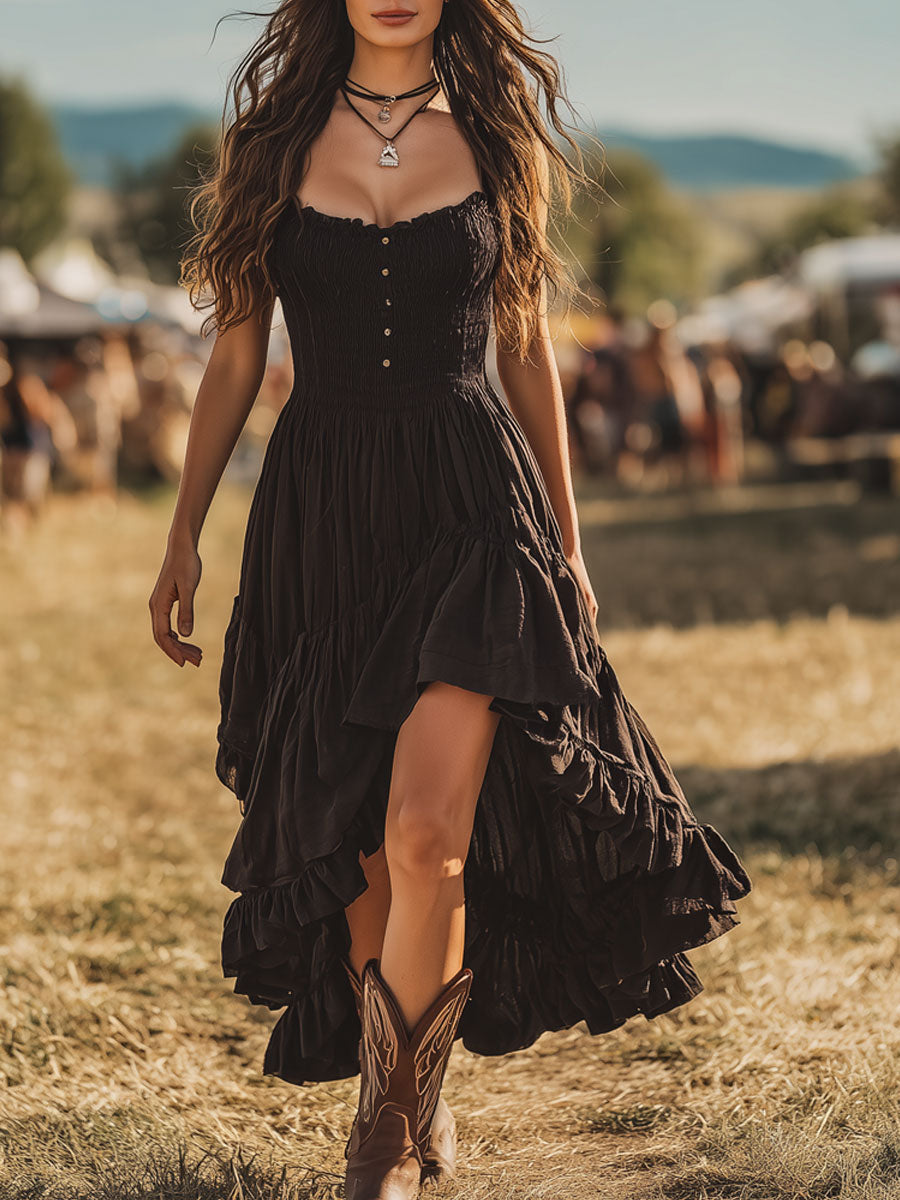 Dakota – Schwarzes ärmelloses Maxikleid mit Rüschen und Plissee-Details