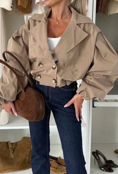 Mode Knopf Laterne Ärmel Tasche Revers Casual Jacke + Hose Set