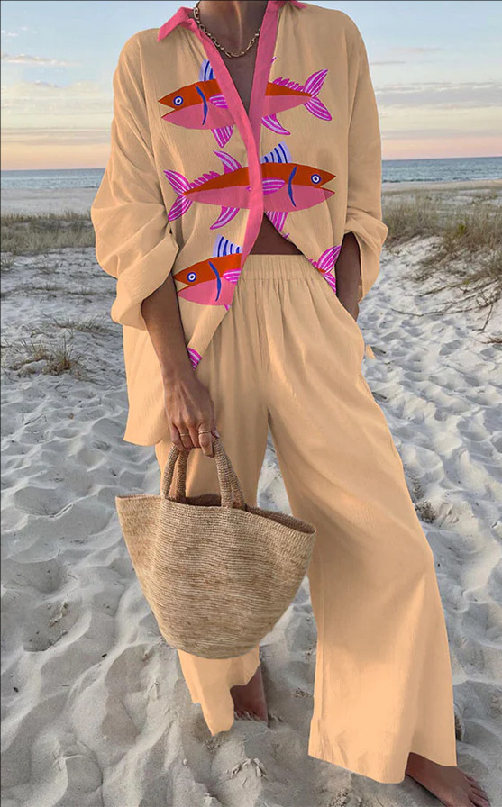 Leinenset mit rosa Fischdruck