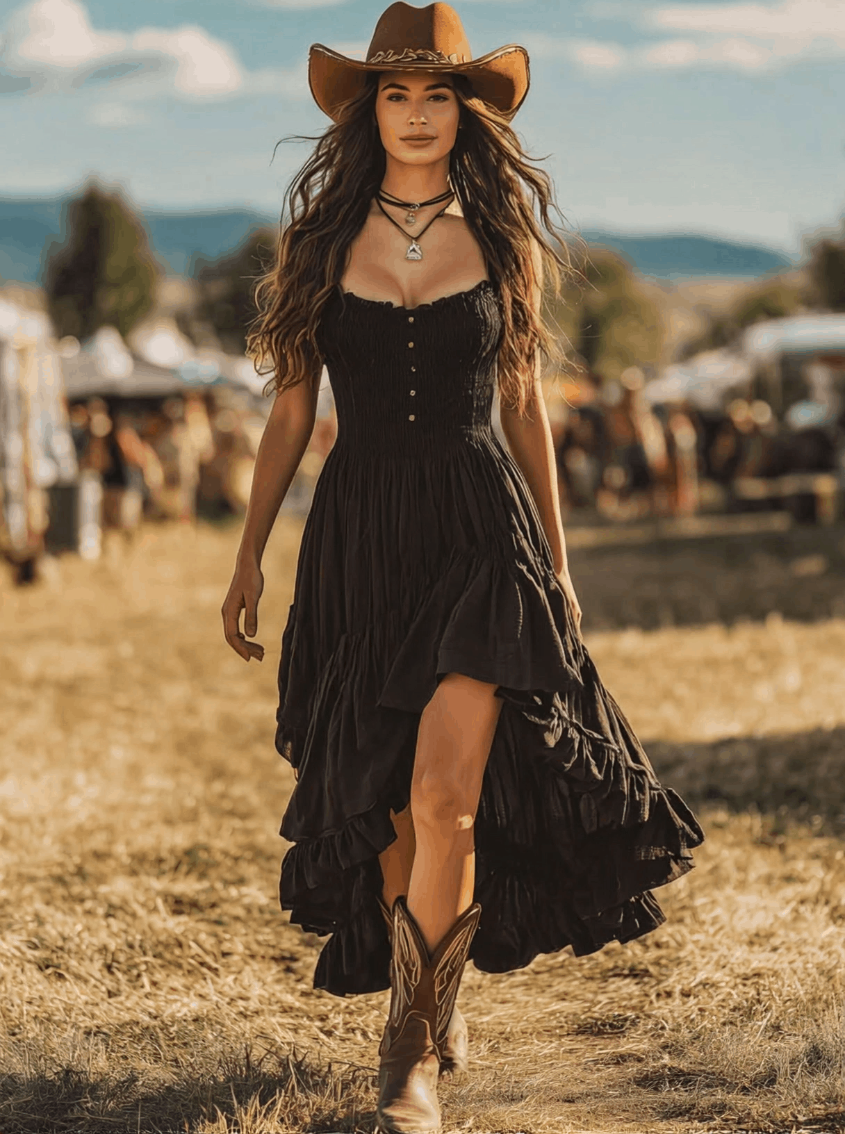 Dakota – Schwarzes ärmelloses Maxikleid mit Rüschen und Plissee-Details