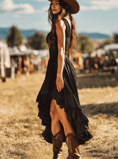 Dakota – Schwarzes ärmelloses Maxikleid mit Rüschen und Plissee-Details