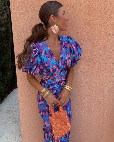 SIMONA | Elegantes Kleid mit V-Ausschnitt und Puffärmeln