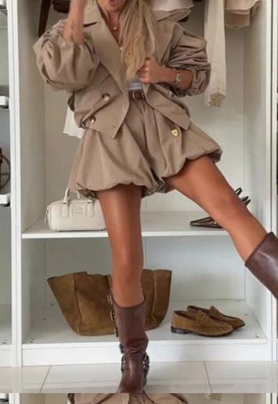 Mode Knopf Laterne Ärmel Tasche Revers Casual Jacke + Hose Set