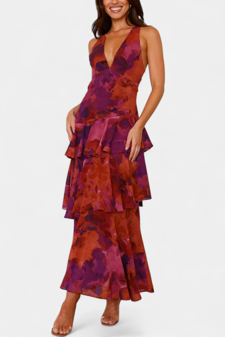 Domenica Chiffonkleid mit V-Ausschnitt und fließenden Lagen