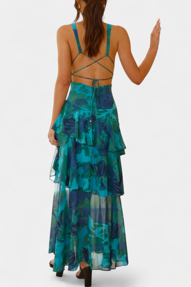 Domenica Chiffonkleid mit V-Ausschnitt und fließenden Lagen