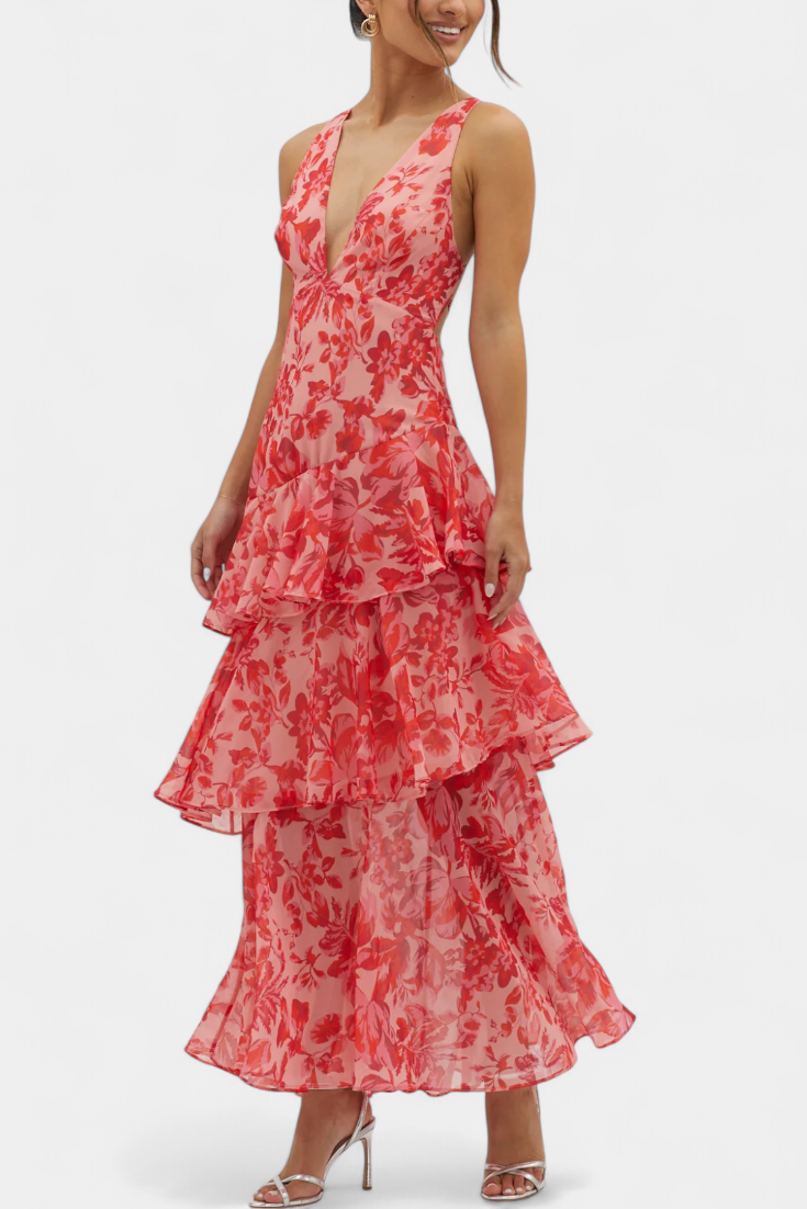 Domenica Chiffonkleid mit V-Ausschnitt und fließenden Lagen