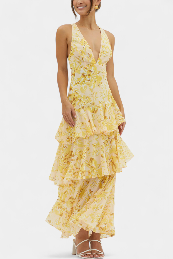 Domenica Chiffonkleid mit V-Ausschnitt und fließenden Lagen