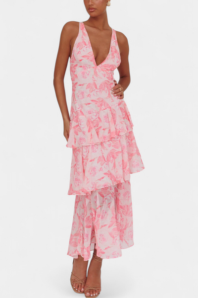 Domenica Chiffonkleid mit V-Ausschnitt und fließenden Lagen