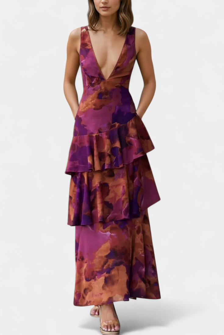 Domenica Chiffonkleid mit V-Ausschnitt und fließenden Lagen