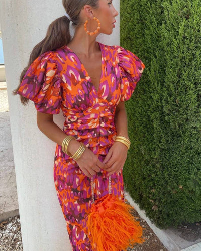 SIMONA | Elegantes Kleid mit V-Ausschnitt und Puffärmeln